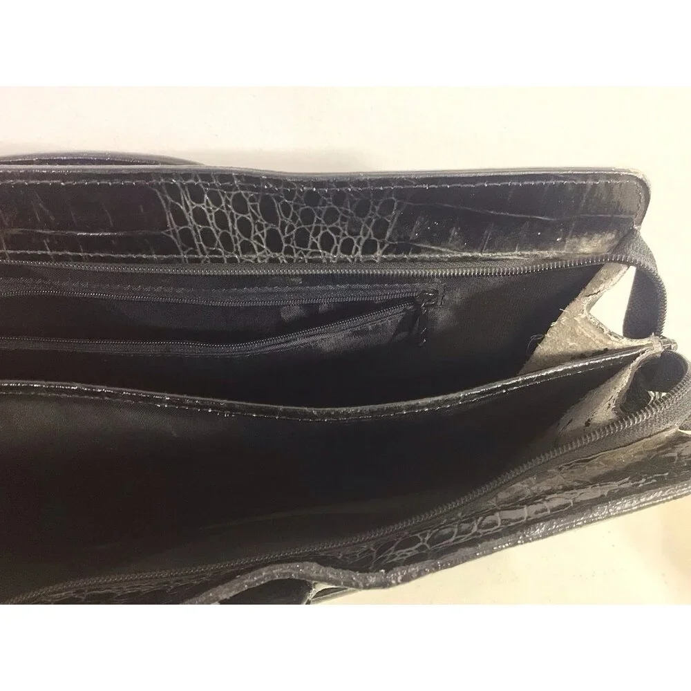 Vintage Croc Embossed Black Leather Laptop Bag Briefcase
